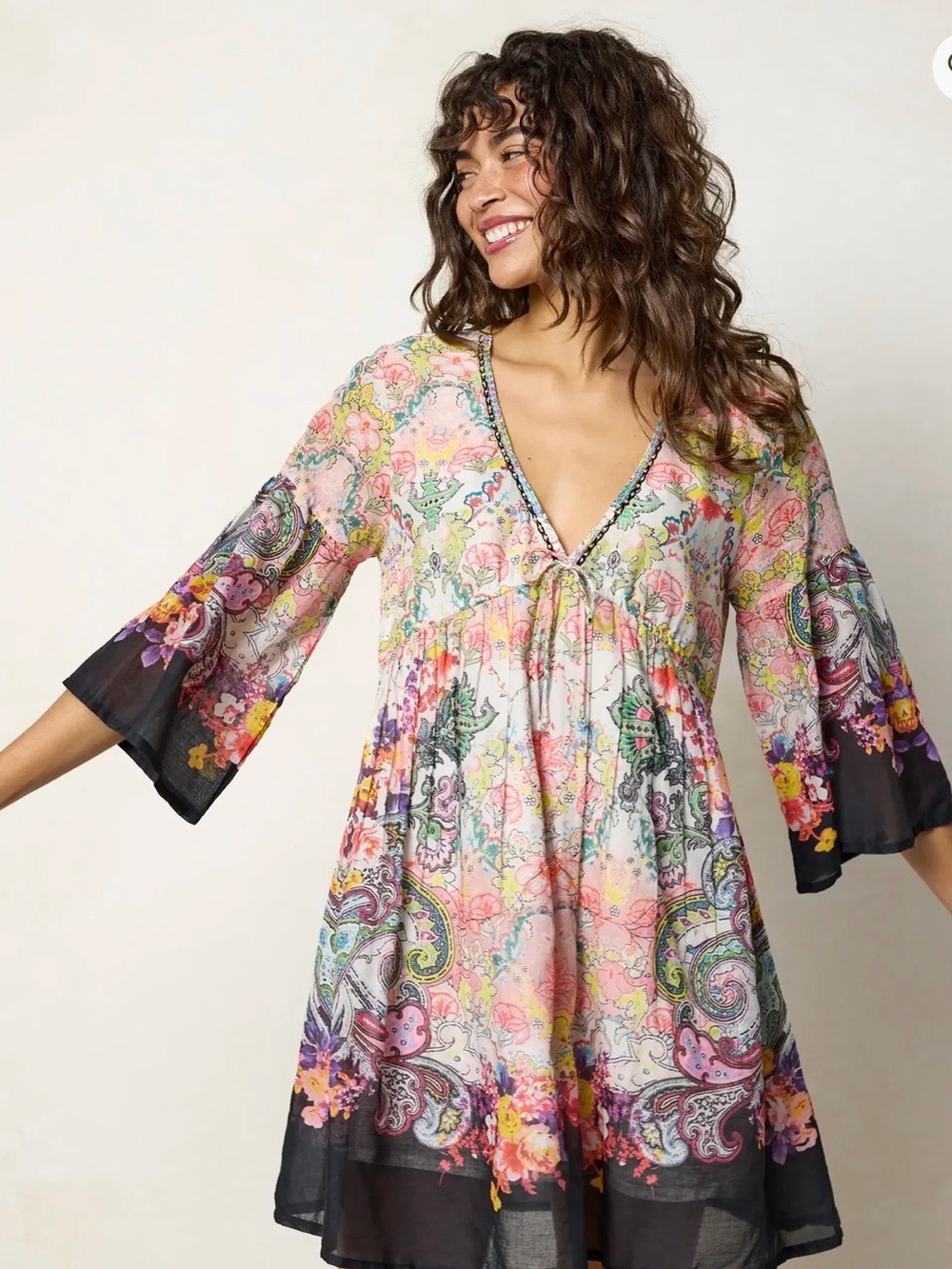 Floral Paisley V-Neck Swing Dress in Multicolor